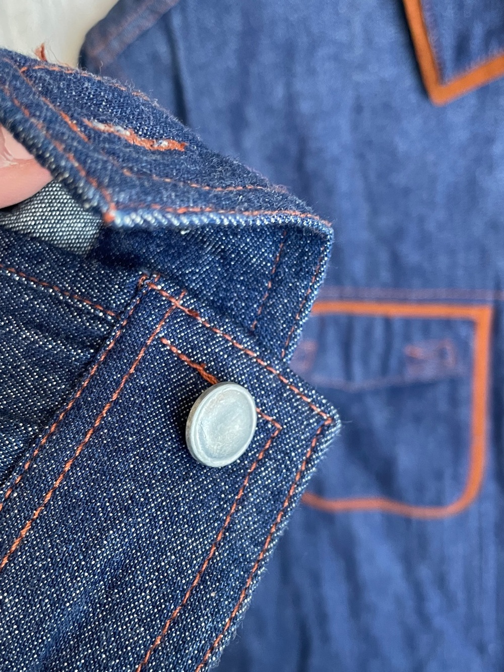 Vintage Chaus Dark Blue Denim Button-Down Shirt with Brown Trim western cowboy - Picture 6 of 11